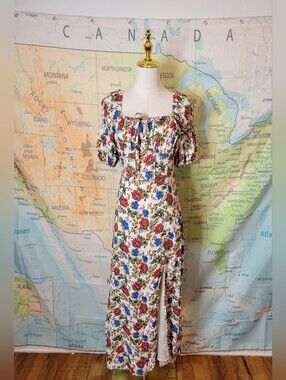 Rock&Roll Denim Floral Puff-Sleeve Maxi Dress in White with Red & Blue Blooms